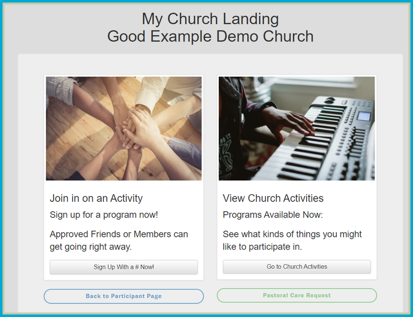partial view of a participant church landing page